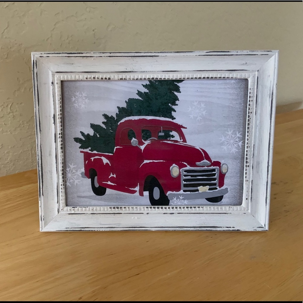 Farmhouse Christmas red truck & tree picture 5x7 w/frame